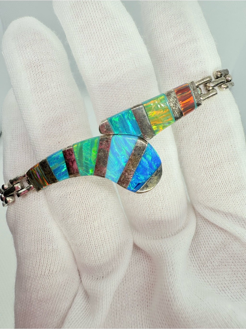 Sterling Silver Inlay Opal Bracelet - Multicolor